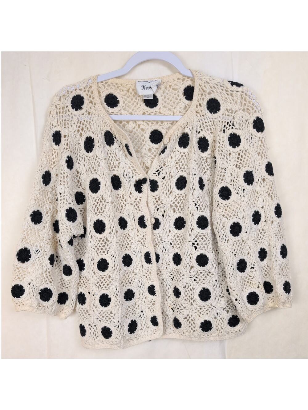 Vintage Kroshetta ivory and black crocheted button up cardigan Size Med Cottage